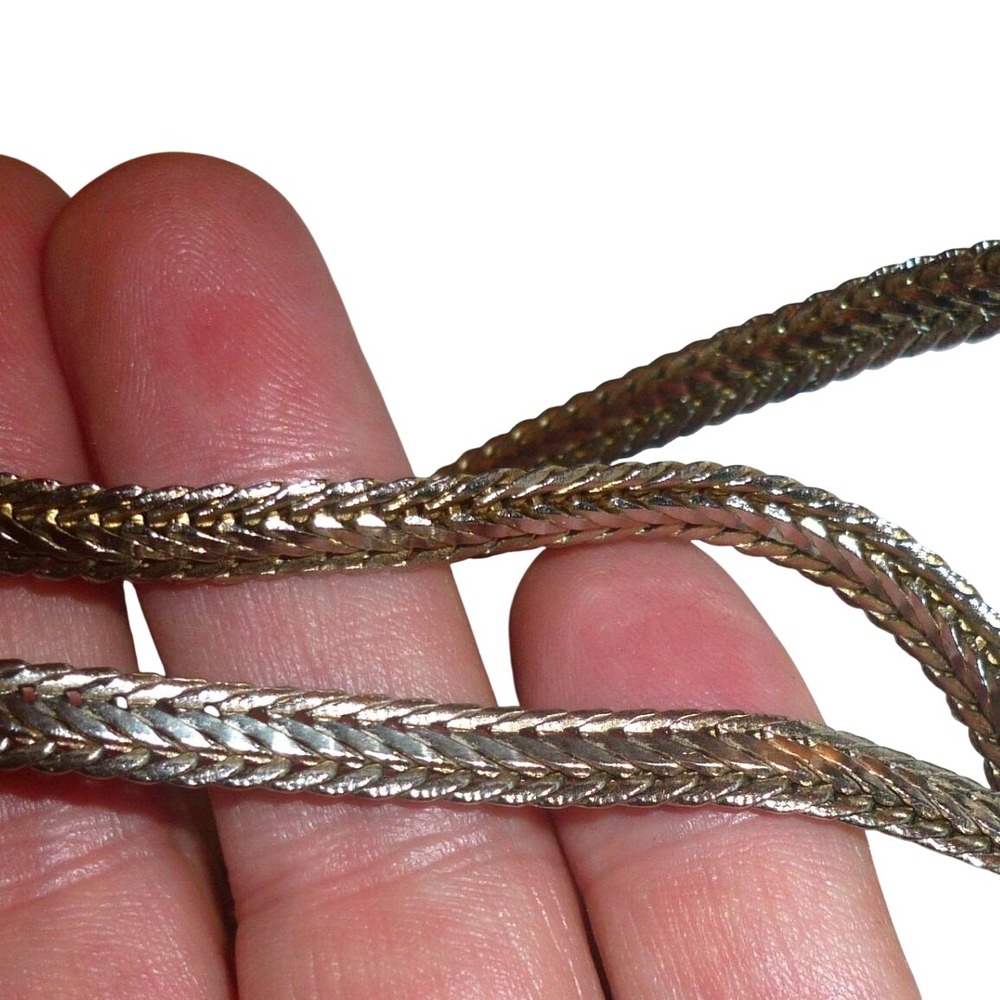 Vintage Silver Plate Woven‎ Wheat Chain Necklace Flat Double Link Choker 16.5"